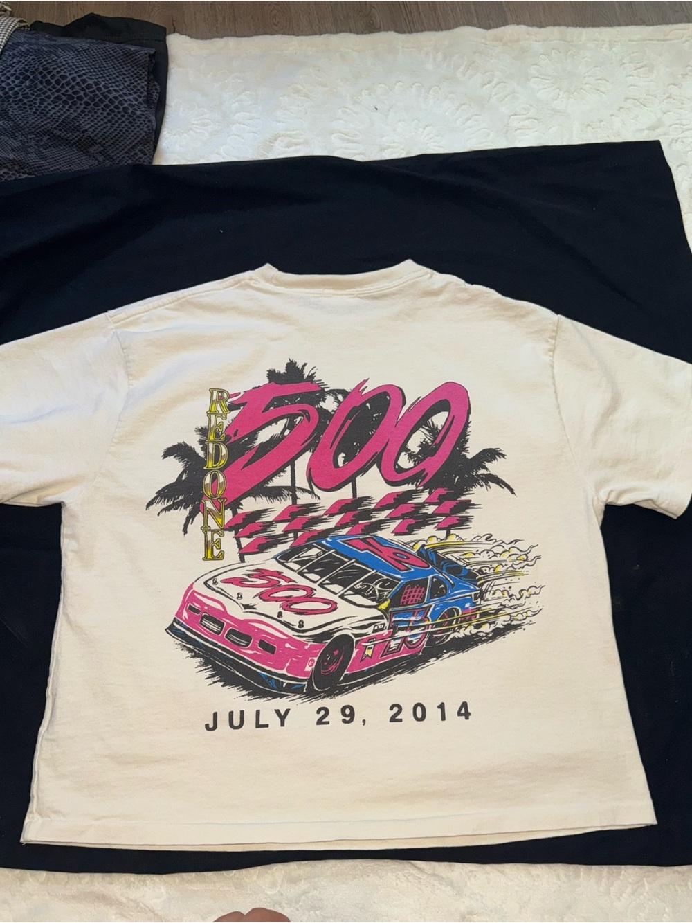 Re/Done Short Sleeve Racing Graphic Tee in Cream with Pink & Blue